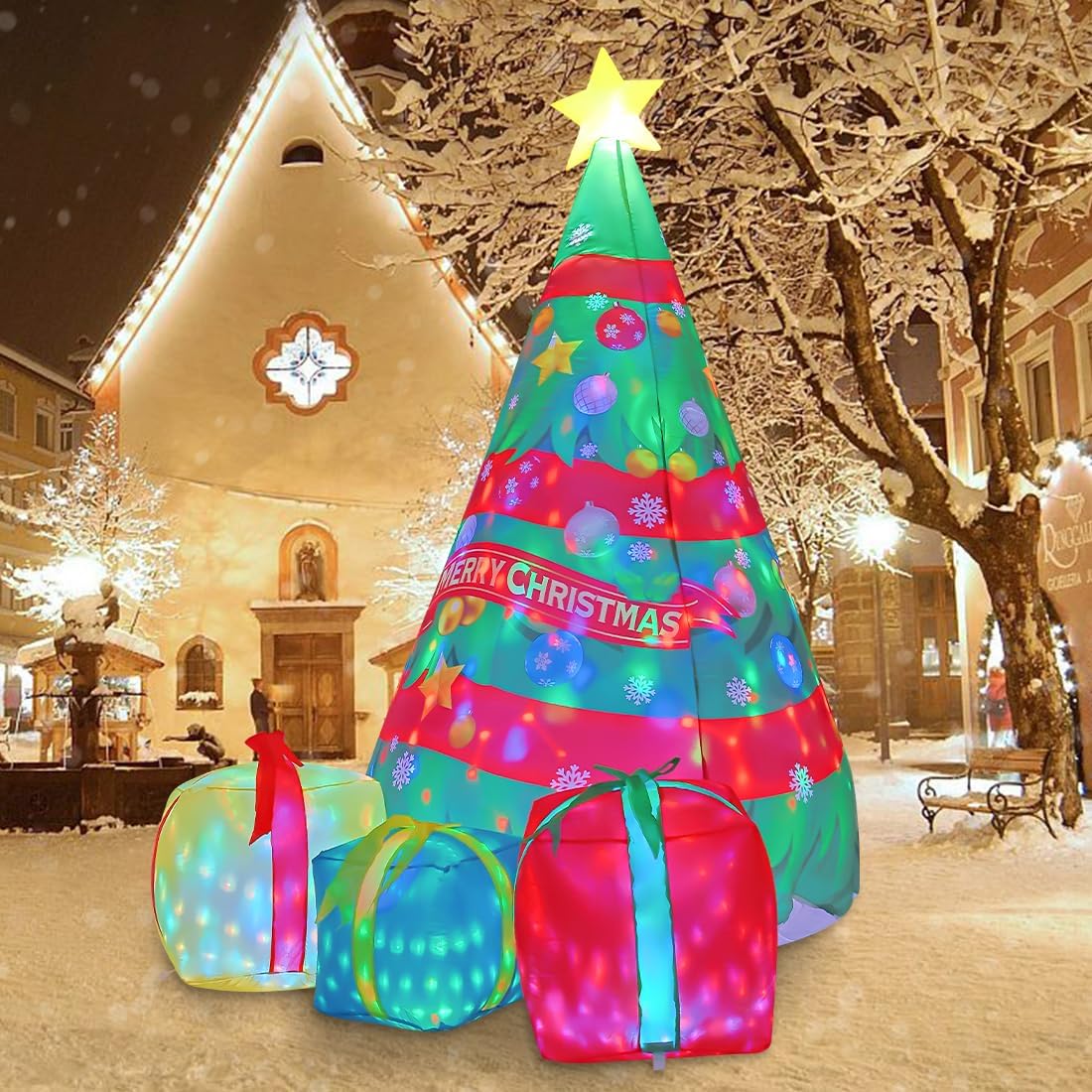 FUTURE HOME Inflatable toys showing Chirstmas Tree 7 FT Christmas Inflatables Tree Outdoor Decorations Blow Up Yard Present Box with Built-in LEDs for Indoor Party Garden Lawn Decor